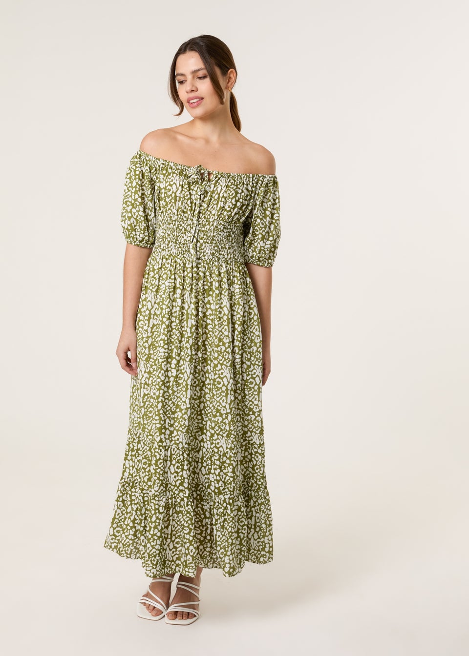 Blue Vanilla Khaki Tie Front Shirred Dress