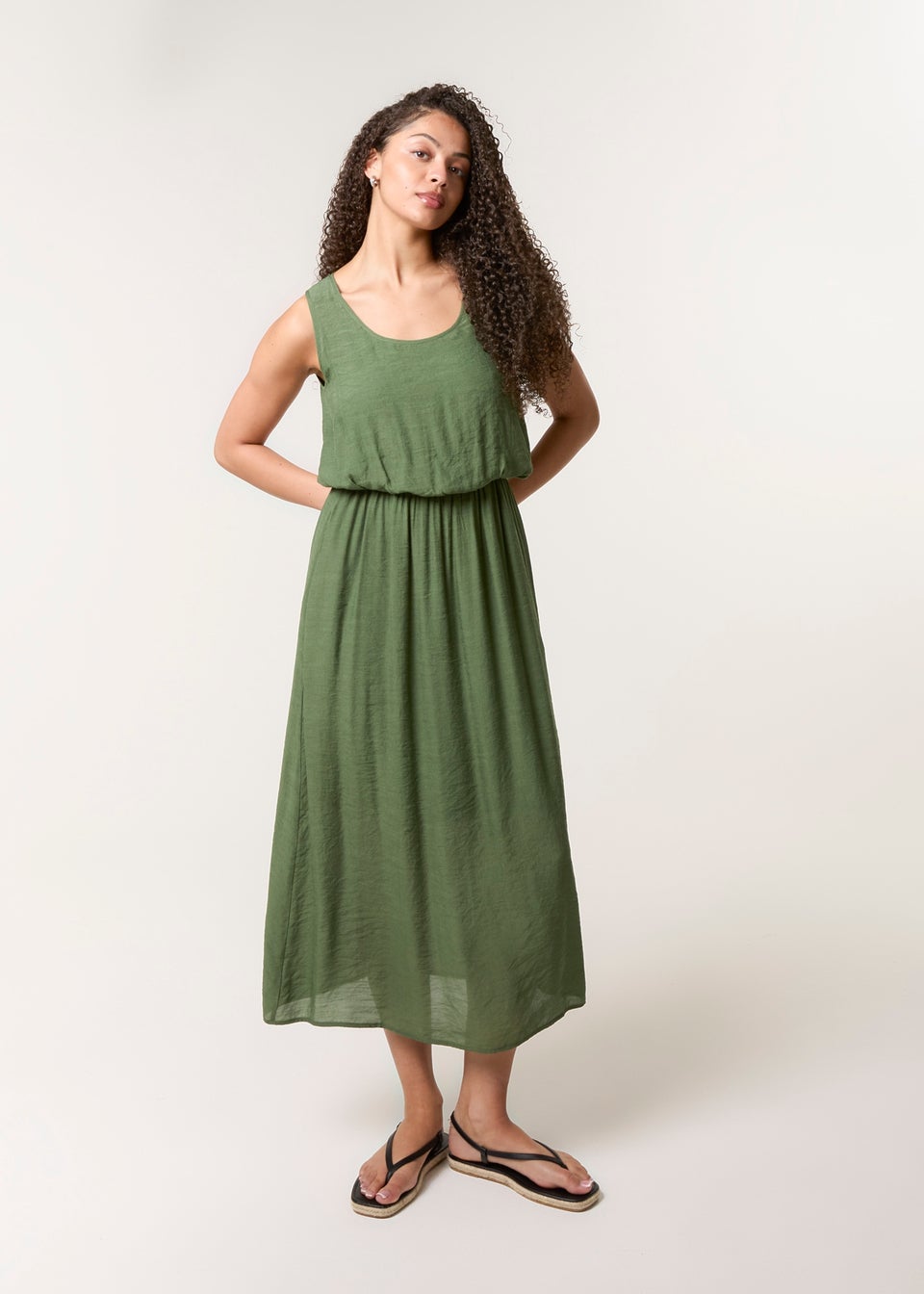 Blue Vanilla Khaki Plain Puff Ball Midi Dress