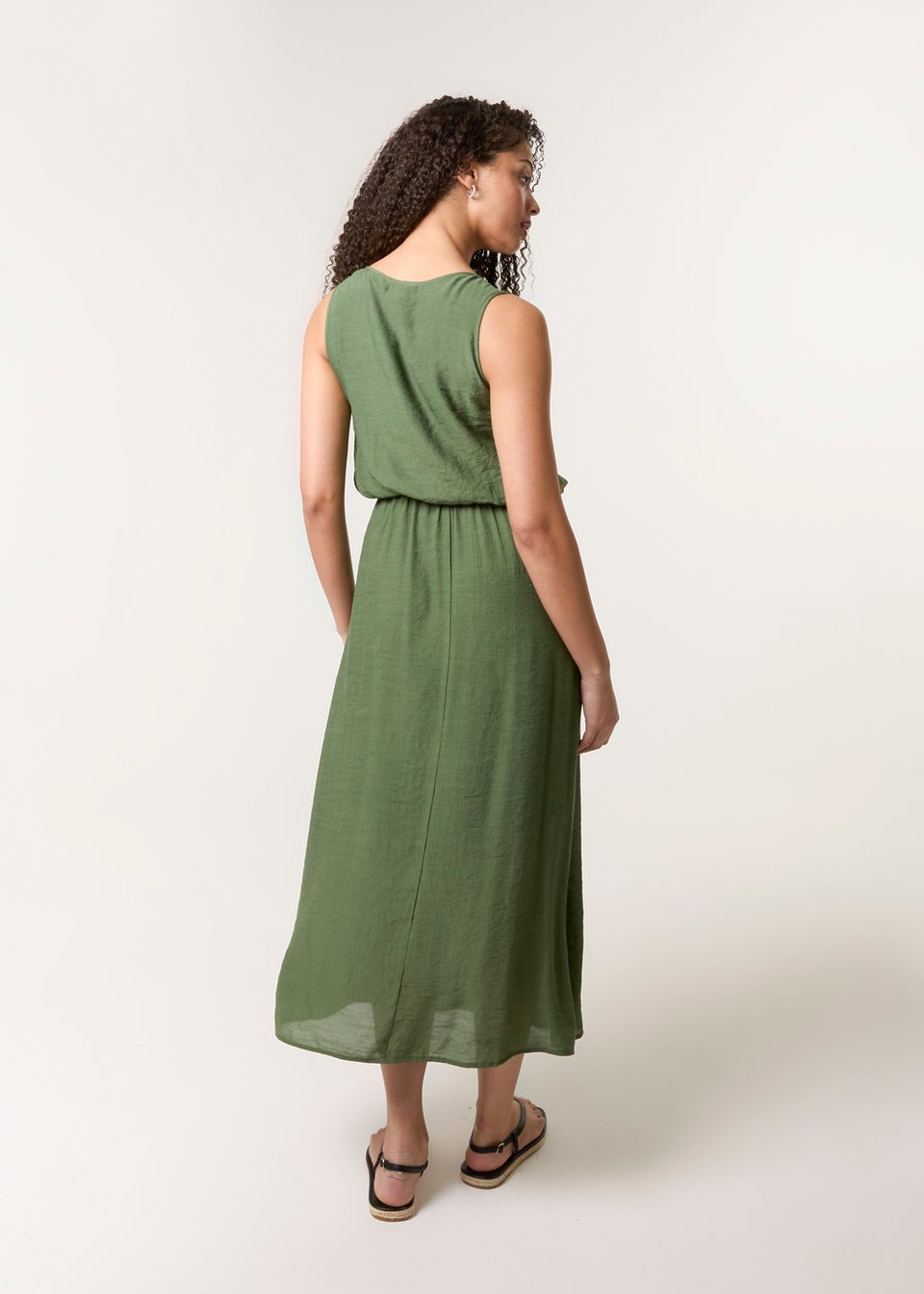 Blue Vanilla Khaki Plain Puff Ball Midi Dress