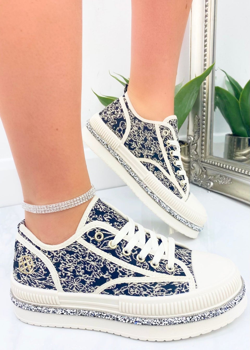 Love Lemonade Black Crystal Trim Printed Platform Trainer