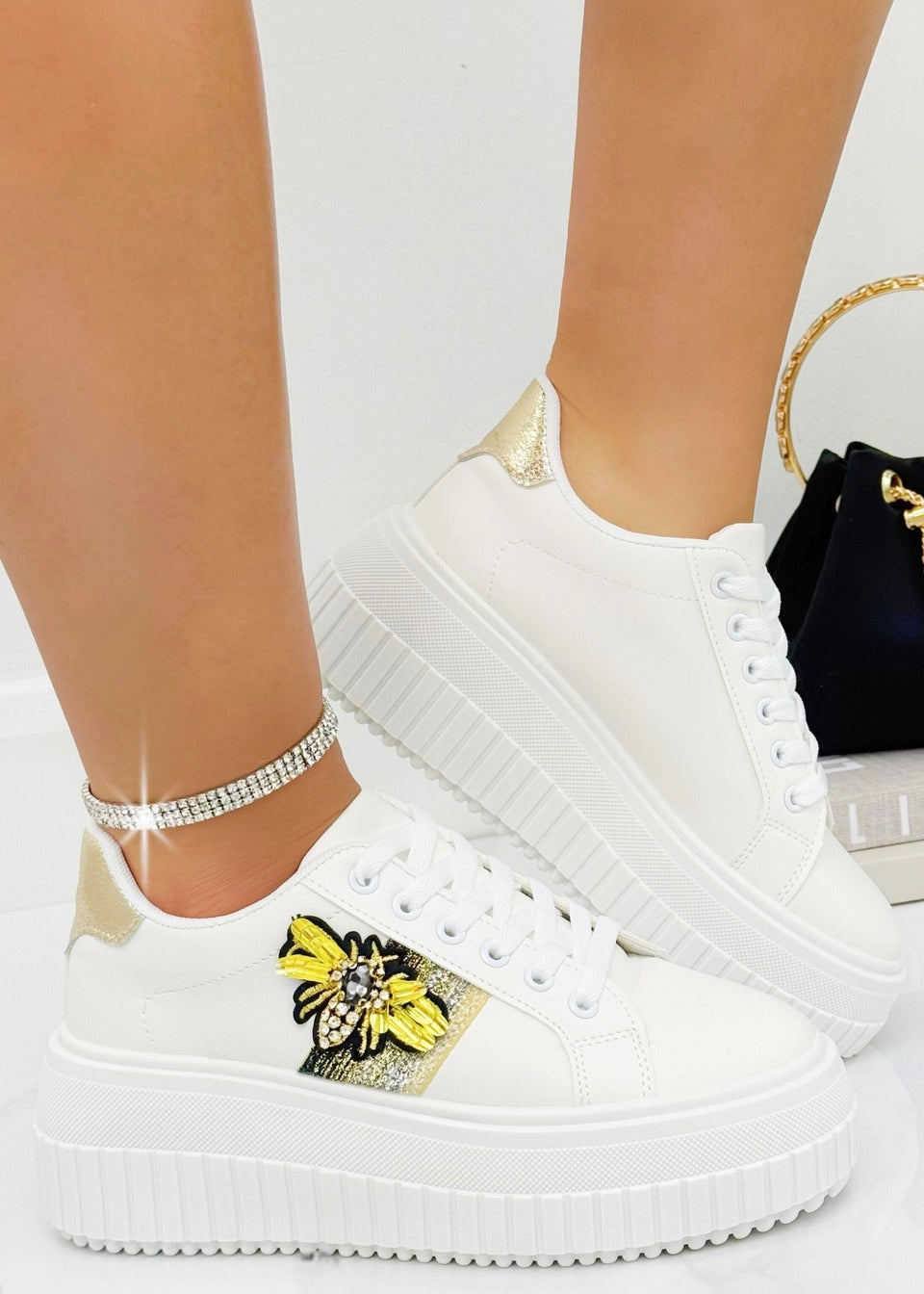 Love Lemonade Crystal Chunky Platform Bee Trainers Gold
