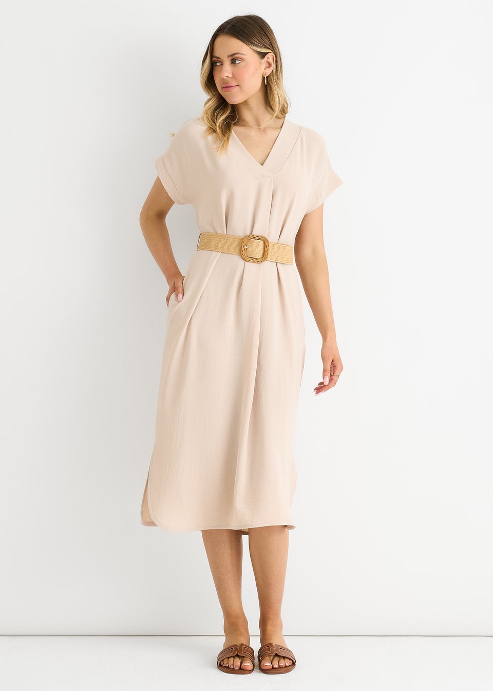 Gini London Beige Air Flow Belted Oversized Dress