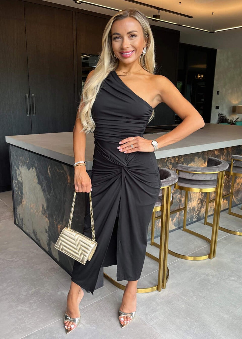 AX Paris Black One Shoulder Knot Skirt Midi Dress