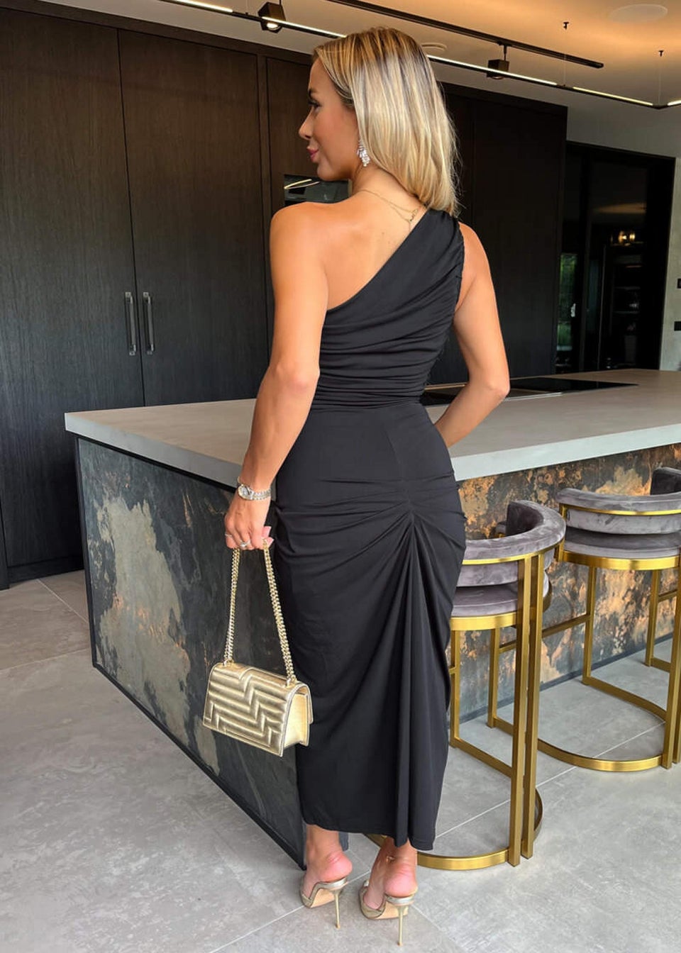 AX Paris Black One Shoulder Knot Skirt Midi Dress
