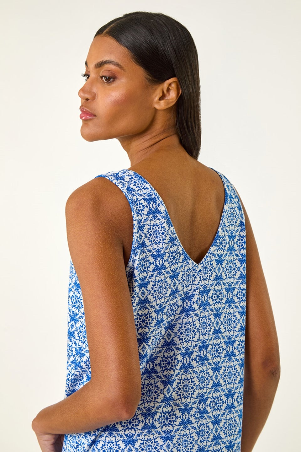 Roman Sky Blue Tile Print Cami Stretch Top
