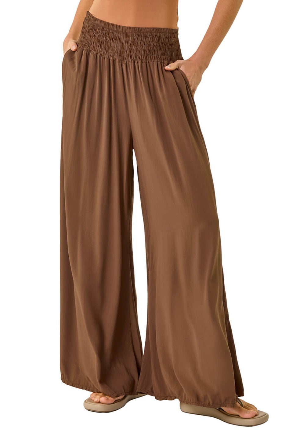 Roman Chocolate Relaxed Ruched Wide Leg Trouser