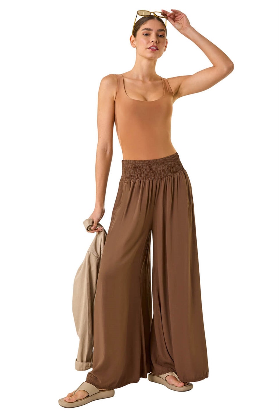 Roman Chocolate Relaxed Ruched Wide Leg Trouser