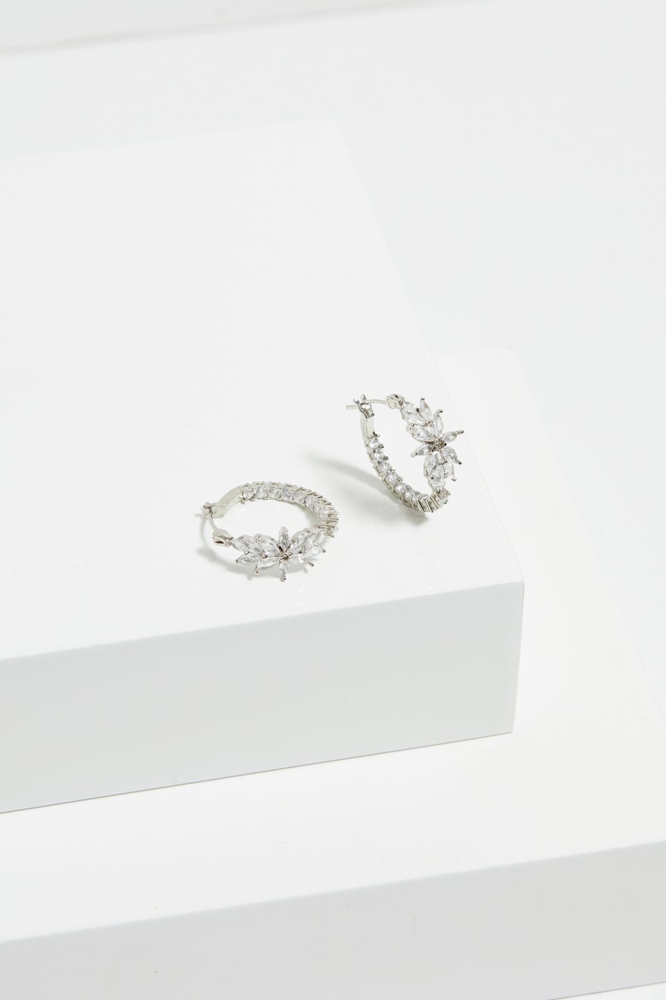 Jon Richard Rhodium Plated Cubic Zirconia Floral Hoop Earrings