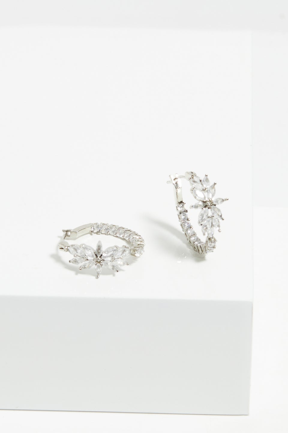 Jon Richard Rhodium Plated Cubic Zirconia Floral Hoop Earrings