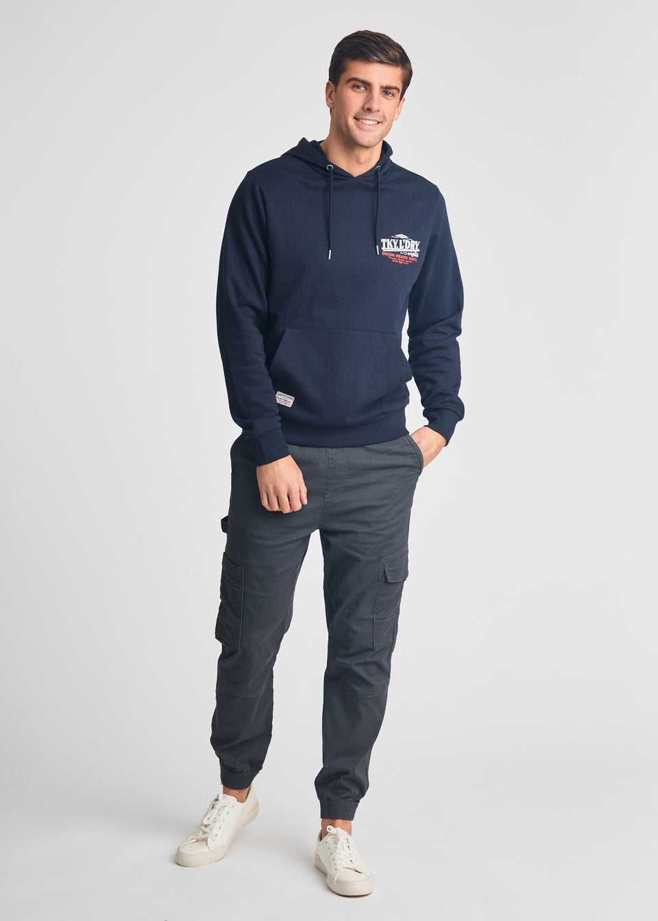 Tokyo Laundry Navy Printed Hoody With Drawcord