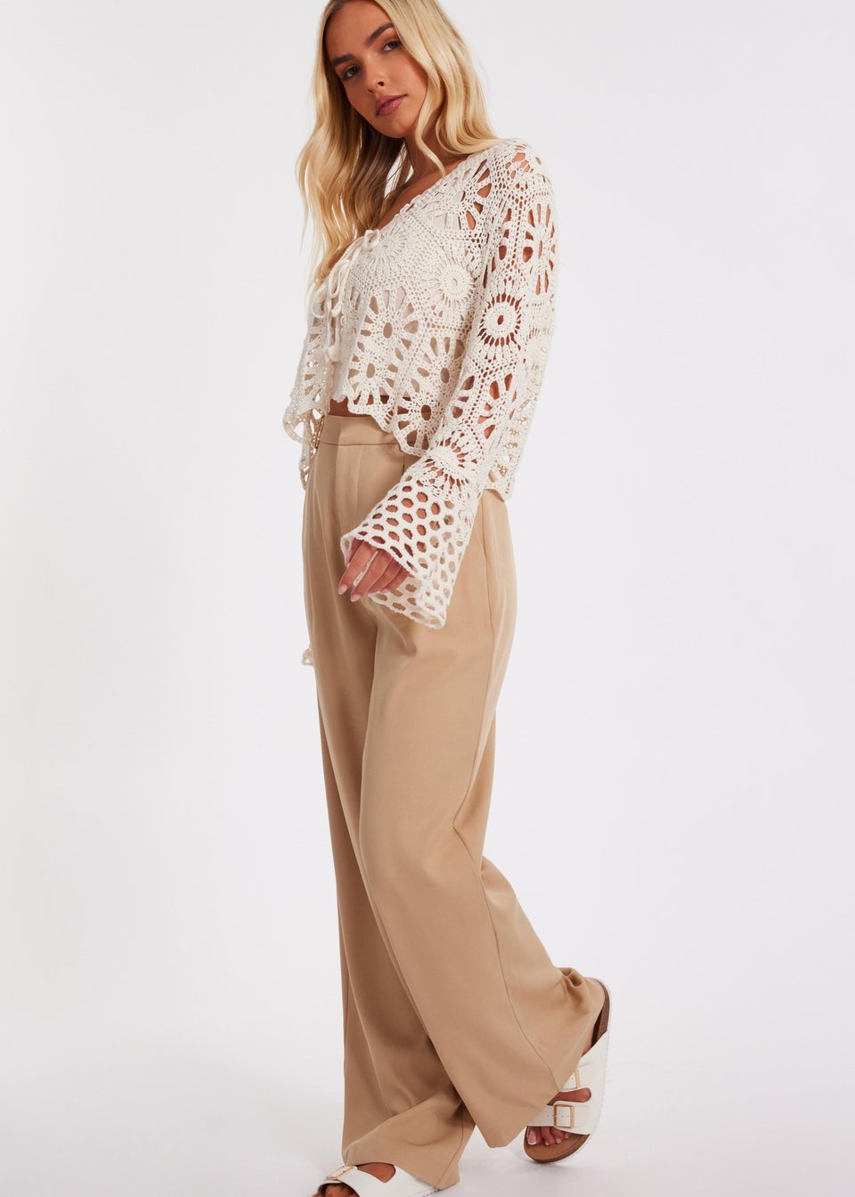 Quiz Stone Crochet Tie Front Cardigan