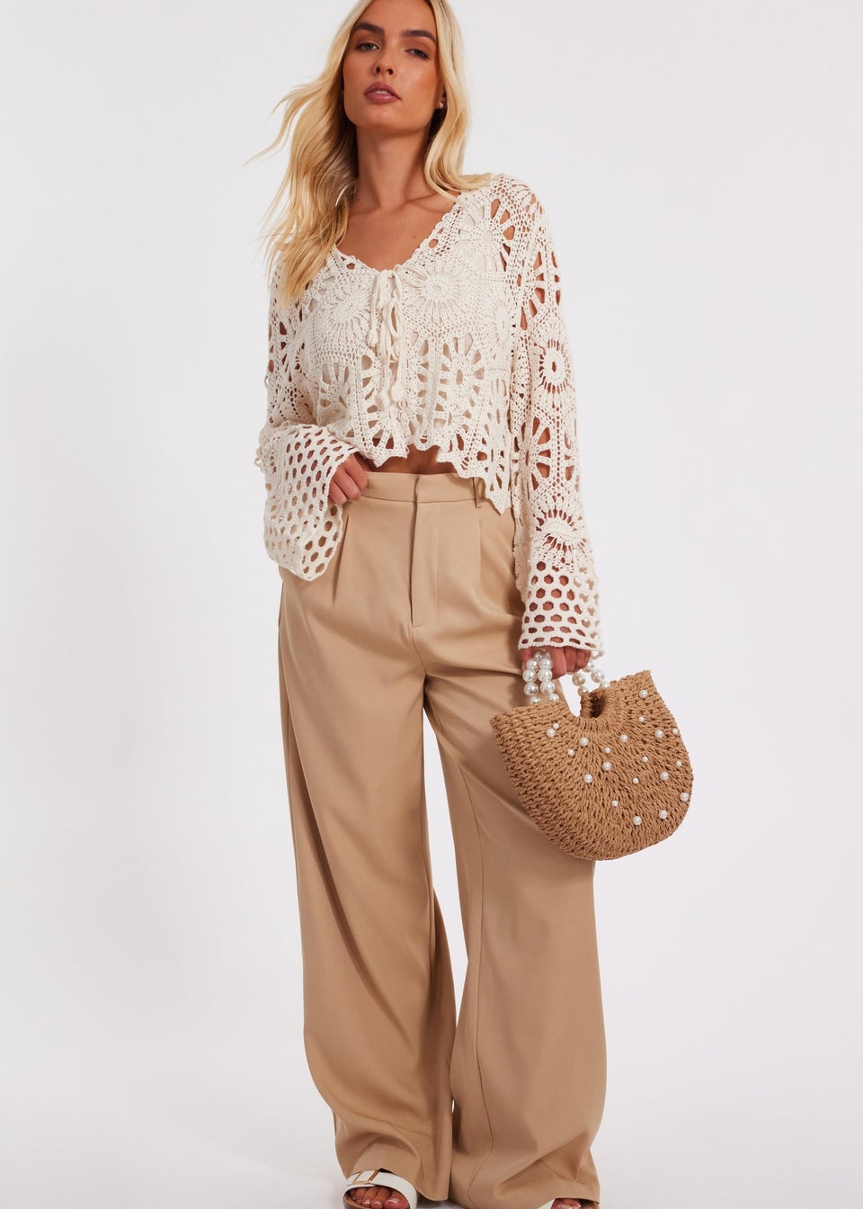 Quiz Stone Crochet Tie Front Cardigan