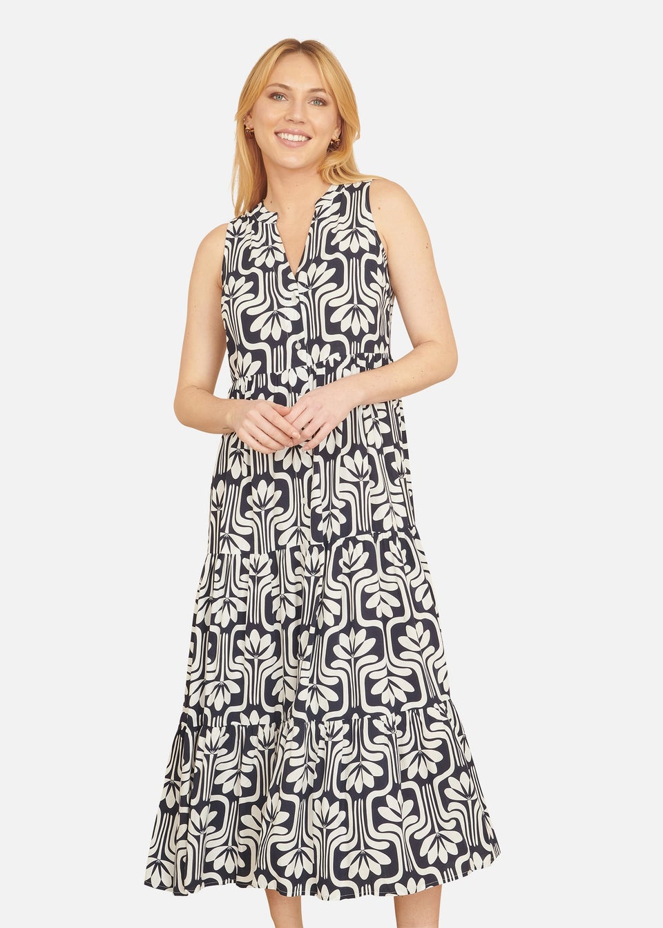 Yumi Navy Retro Print Relaxed Midi Dress