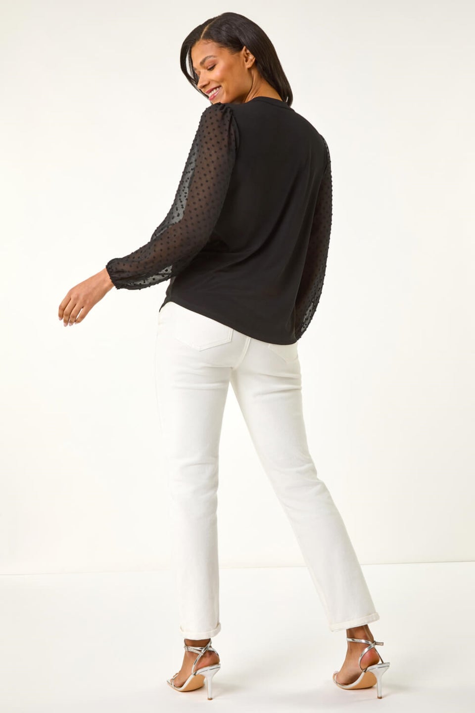 Roman Black Dobby Spot Tie Neck Mesh Top