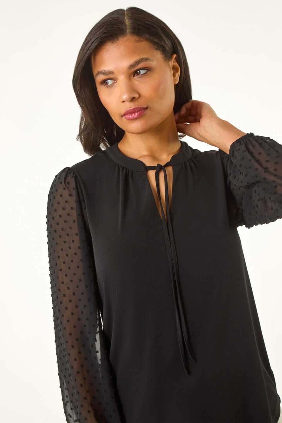 Roman Black Dobby Spot Tie Neck Mesh Top