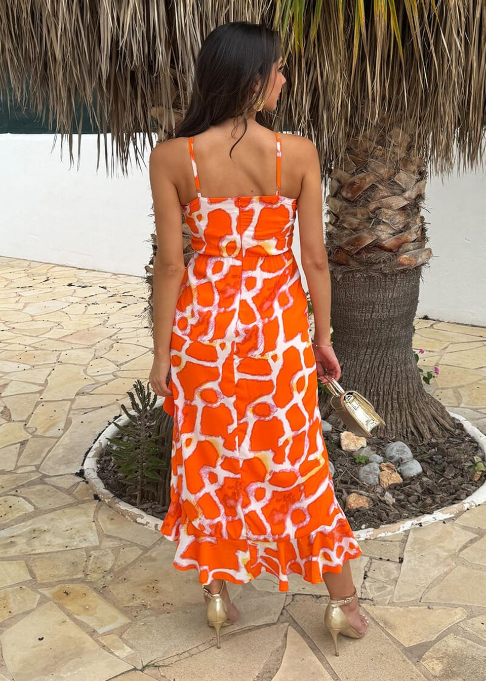 AX Paris Orange Giraffe Print Racer Neck High Low Frill Hem Midi Dress
