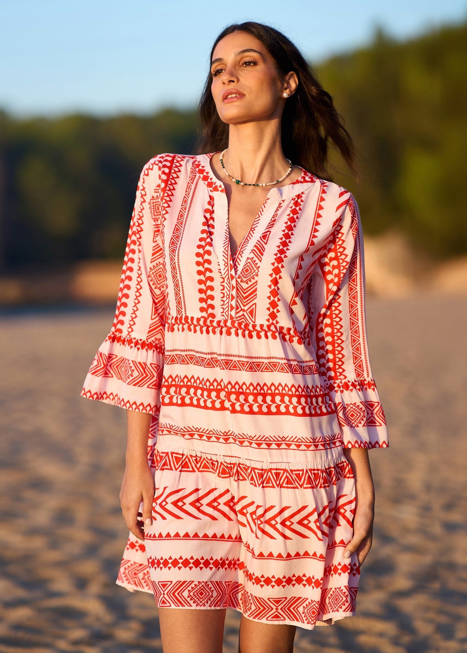 Yumi Coral Tencel Geo Stripe Print Beach Tunic