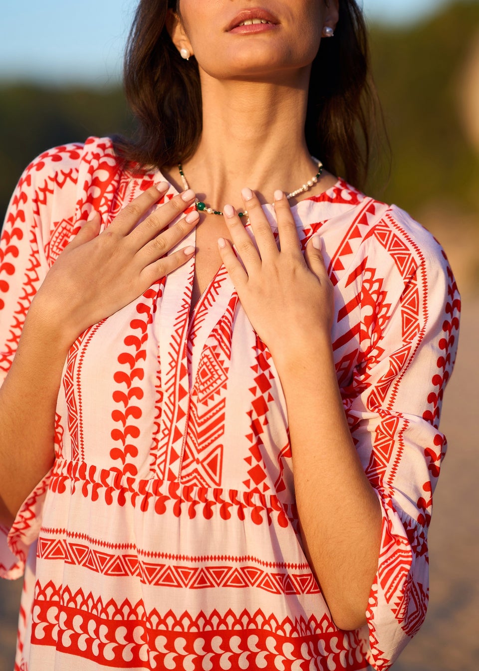 Yumi Coral Tencel Geo Stripe Print Beach Tunic