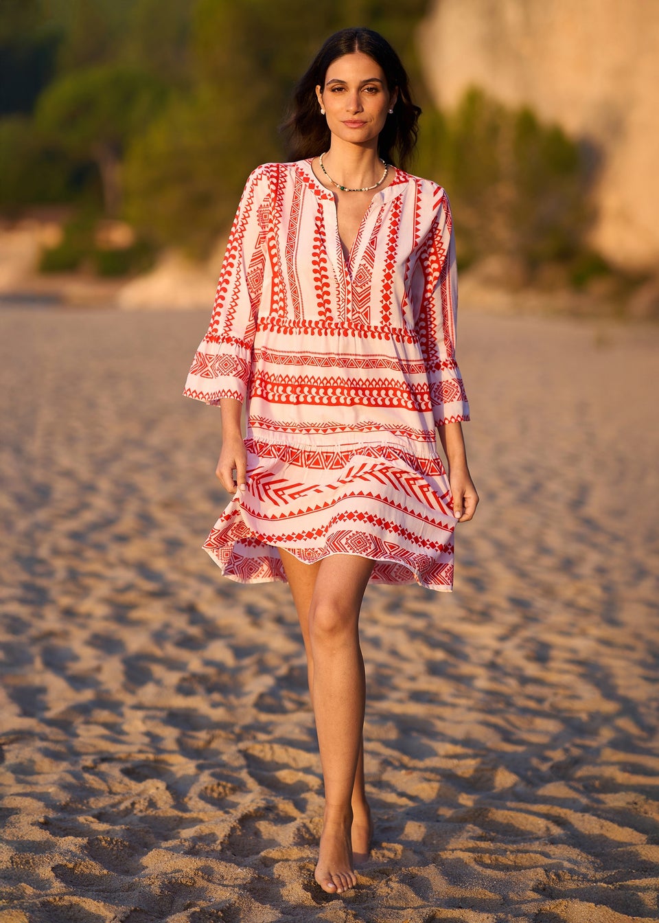 Yumi Coral Tencel Geo Stripe Print Beach Tunic