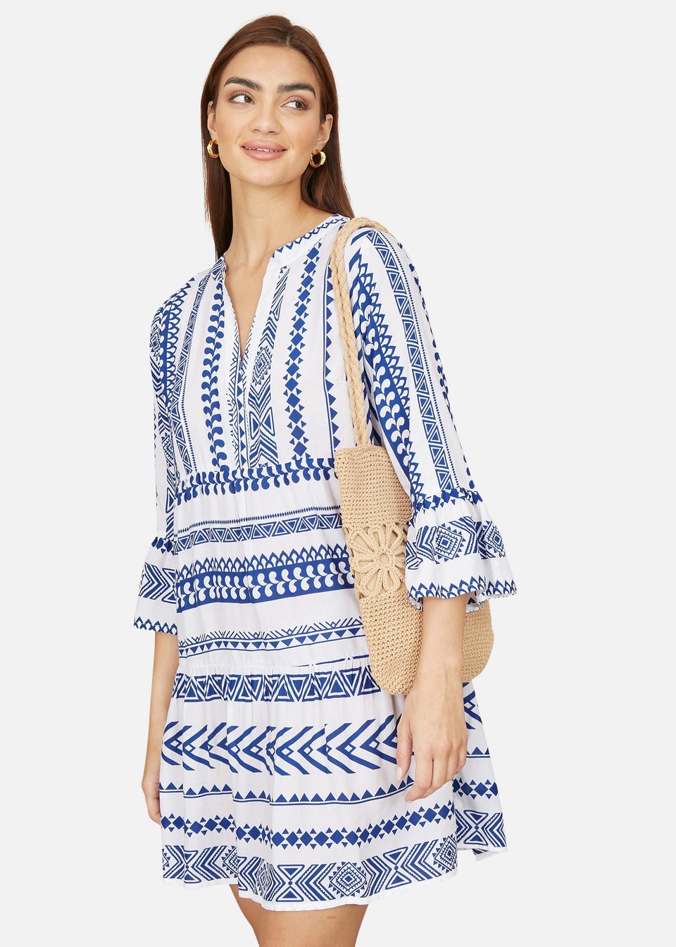 Yumi Blue Tencel Geo Stripe Print Beach Tunic