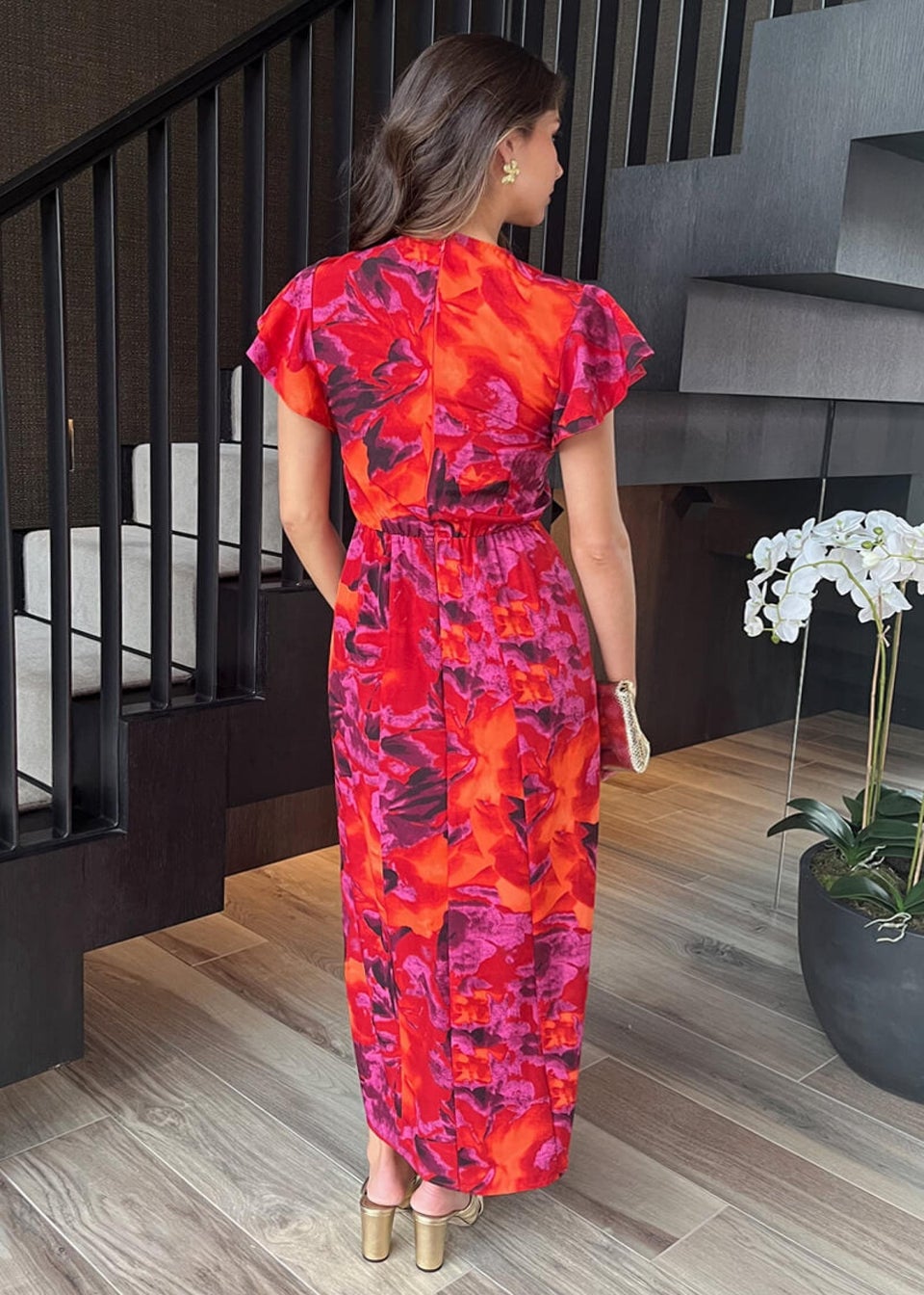 AX Paris Orange Abstract Print Flutter Sleeve Midi Dress