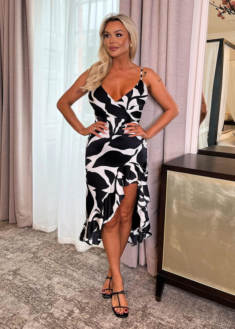 AX Paris Black & White Leaf Print Strappy Wrap Top High Low Frill Hem Midi Dress