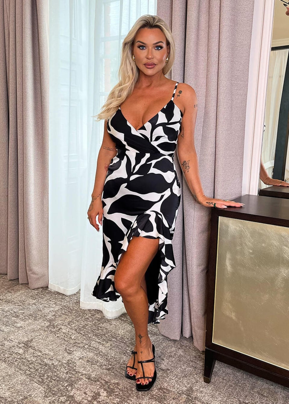 AX Paris Black & White Leaf Print Strappy Wrap Top High Low Frill Hem Midi Dress