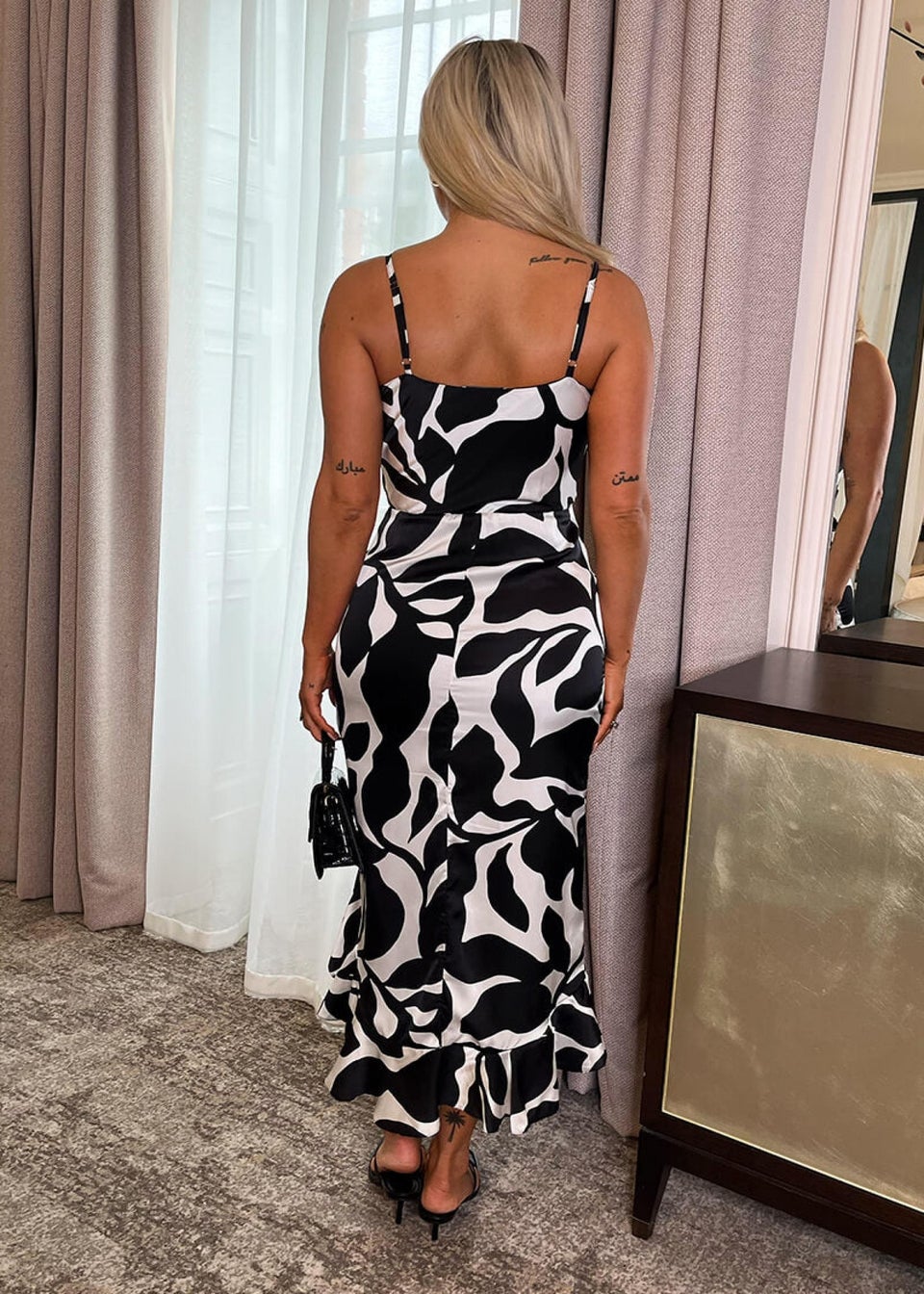 AX Paris Black & White Leaf Print Strappy Wrap Top High Low Frill Hem Midi Dress