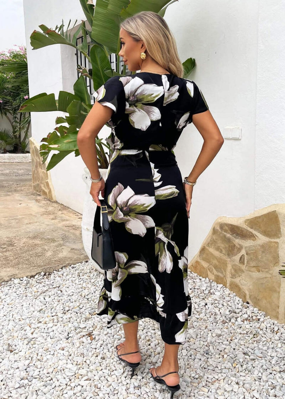 AX Paris Black Floral Print Frill Hem Wrap Midi Dress
