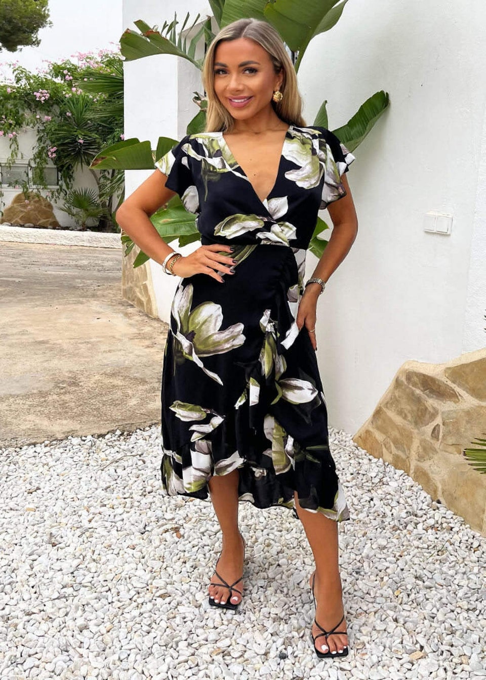 AX Paris Black Floral Print Frill Hem Wrap Midi Dress