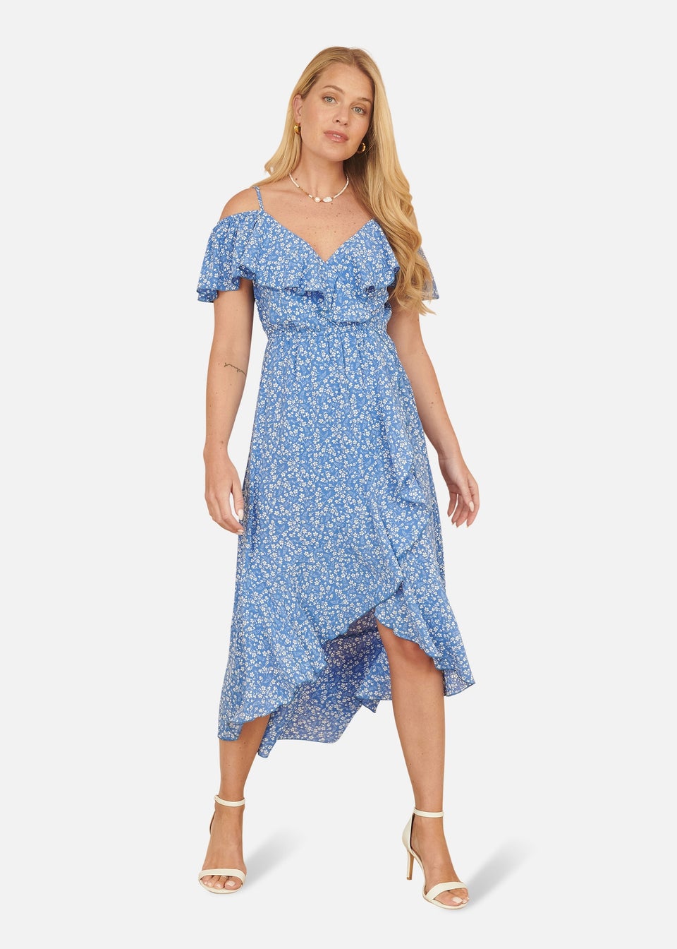 Yumi Blue Ditsy Print Bardot Midi Dress With Dip Hem