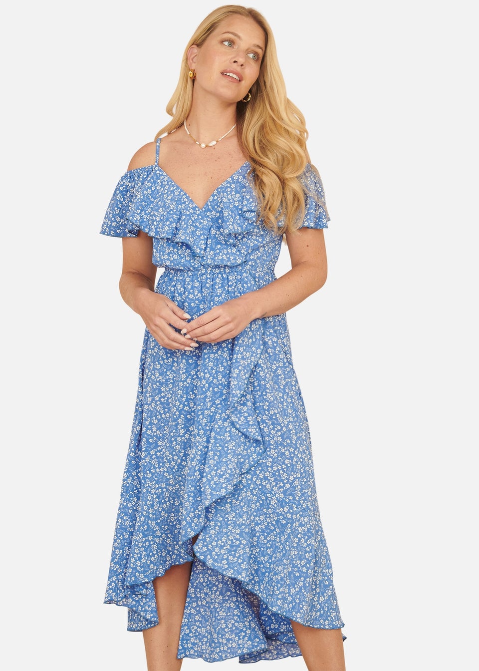 Yumi Blue Ditsy Print Bardot Midi Dress With Dip Hem