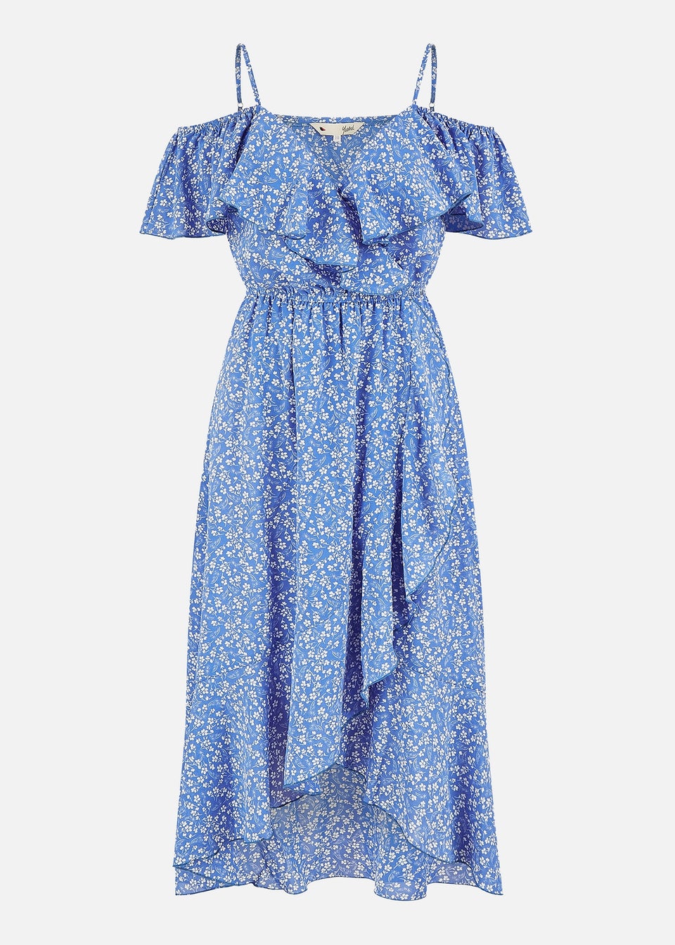 Yumi Blue Ditsy Print Bardot Midi Dress With Dip Hem