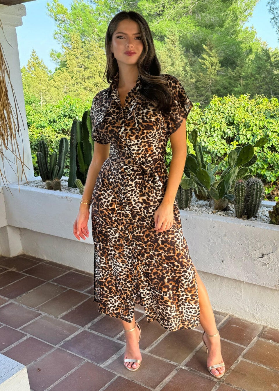AX Paris Brown Cheetah Print Short Sleeve Midi Shirt Dress