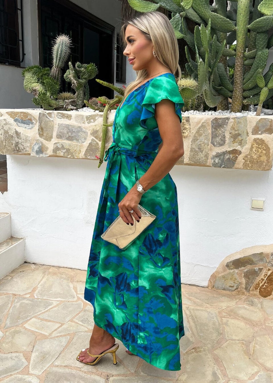 AX Paris Green Abstract Print Short Sleeve Belted Wrap Midi Dress