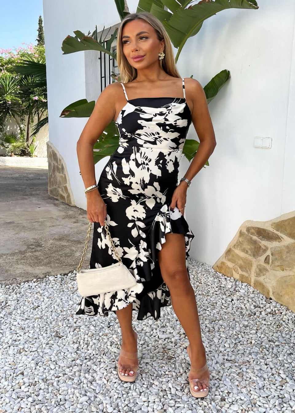 AX Paris Black & White Floral Print Strappy High Low Frill Hem Midi Dress
