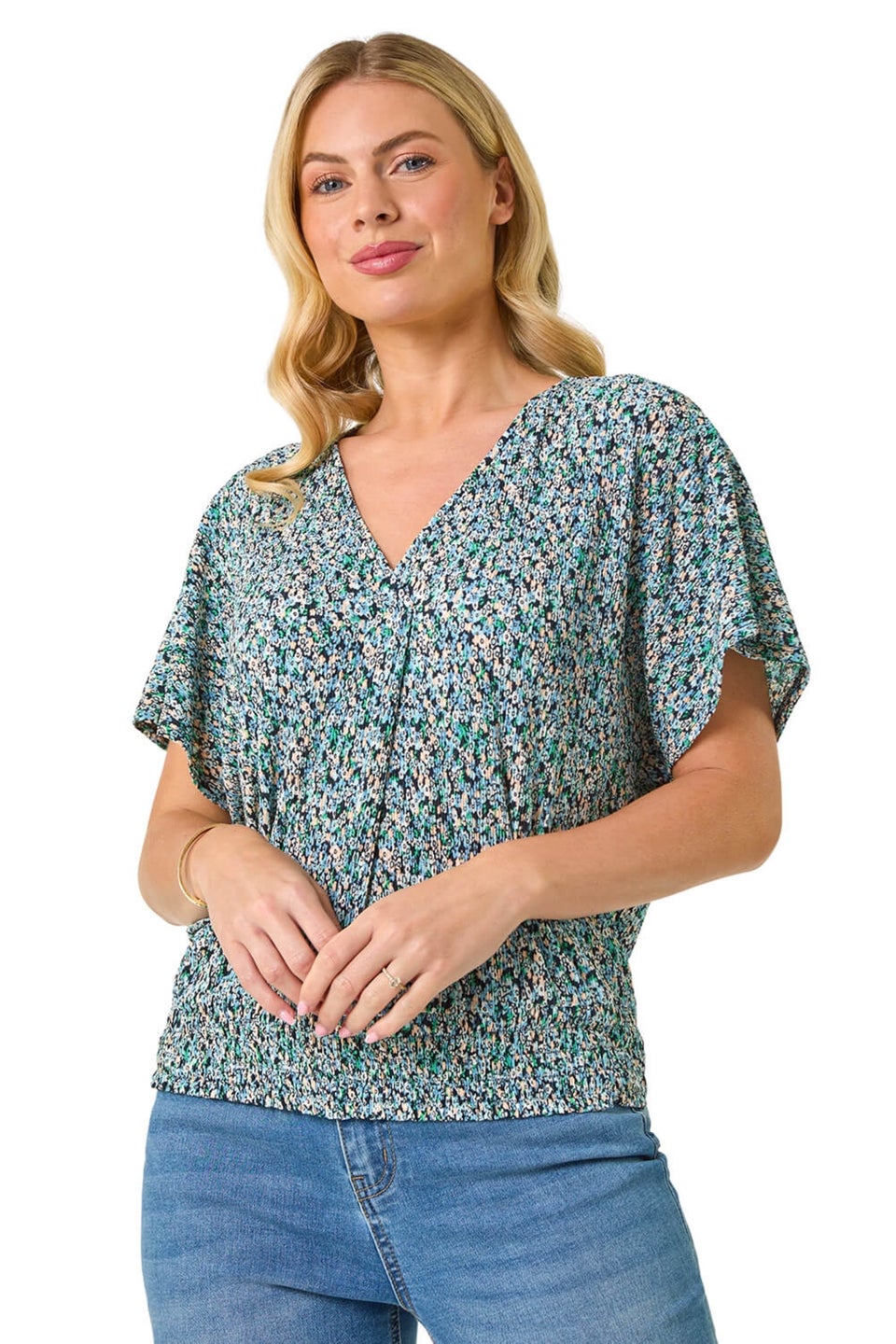 Roman Blue Petite Ditsy Print Crinkle Blouson Top