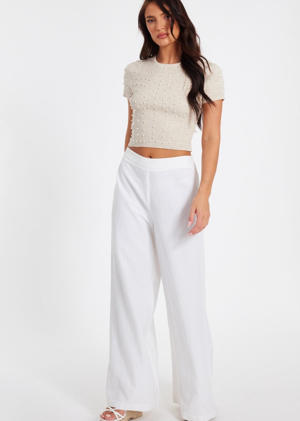 Quiz Stone Knit Embellished Crop Top