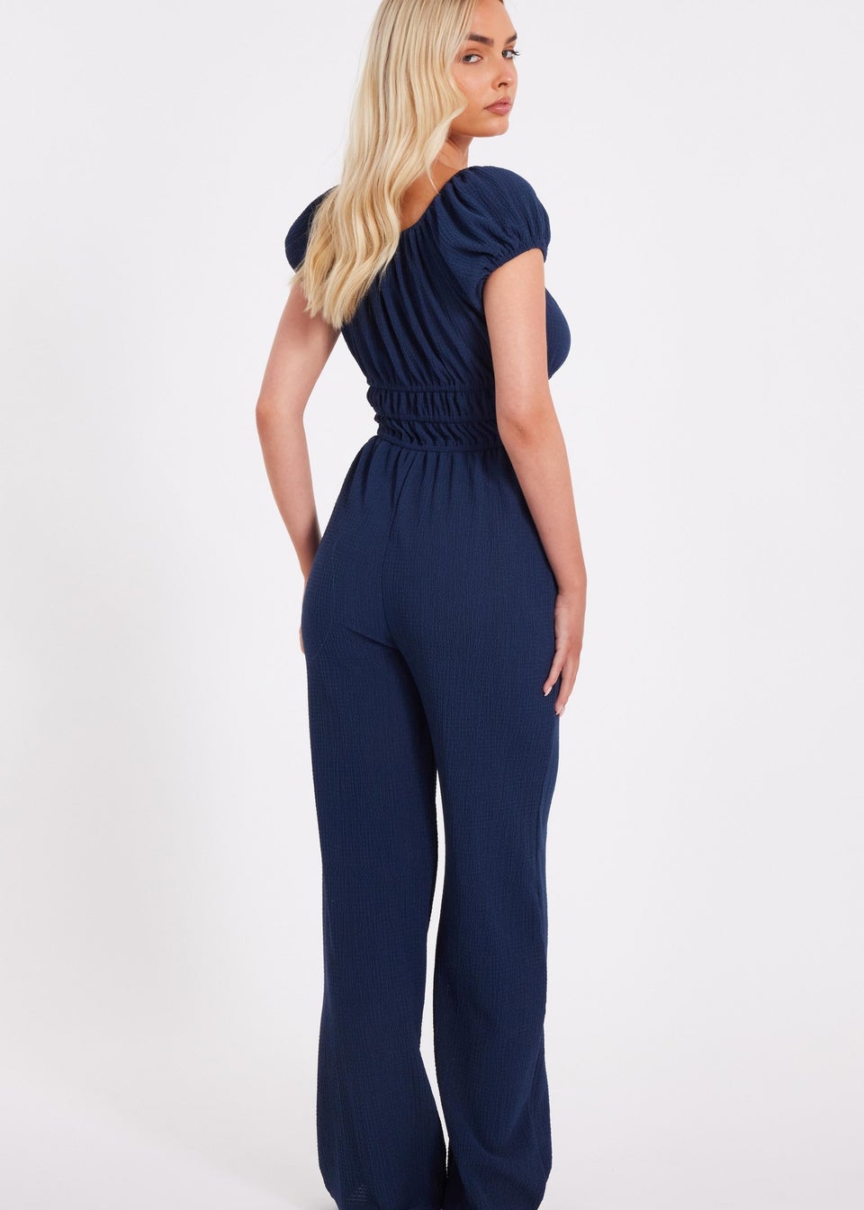 Quiz Navy Textured Puff Sleeve Jumpsuit
