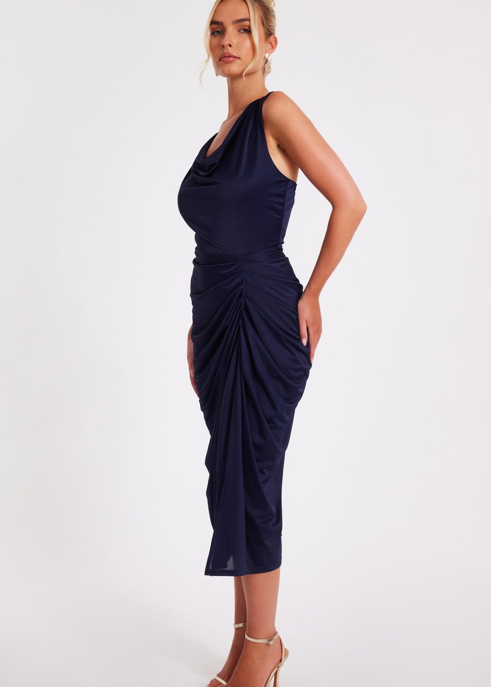 Quiz Navy Cowl Neck Midi Dress