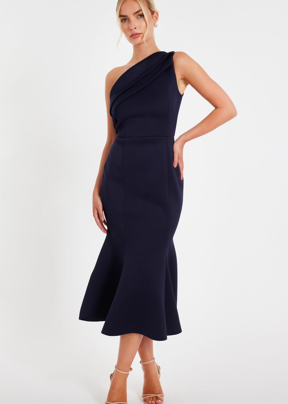 Quiz Navy One Shoulder Peplum Dress