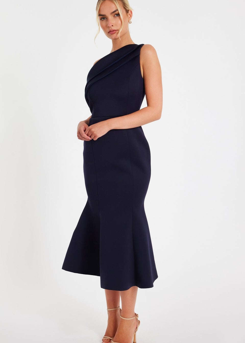 Quiz Navy One Shoulder Peplum Dress