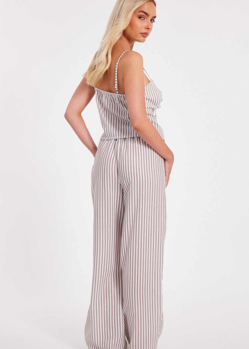 Quiz Stone Striped Wide Leg Trousers