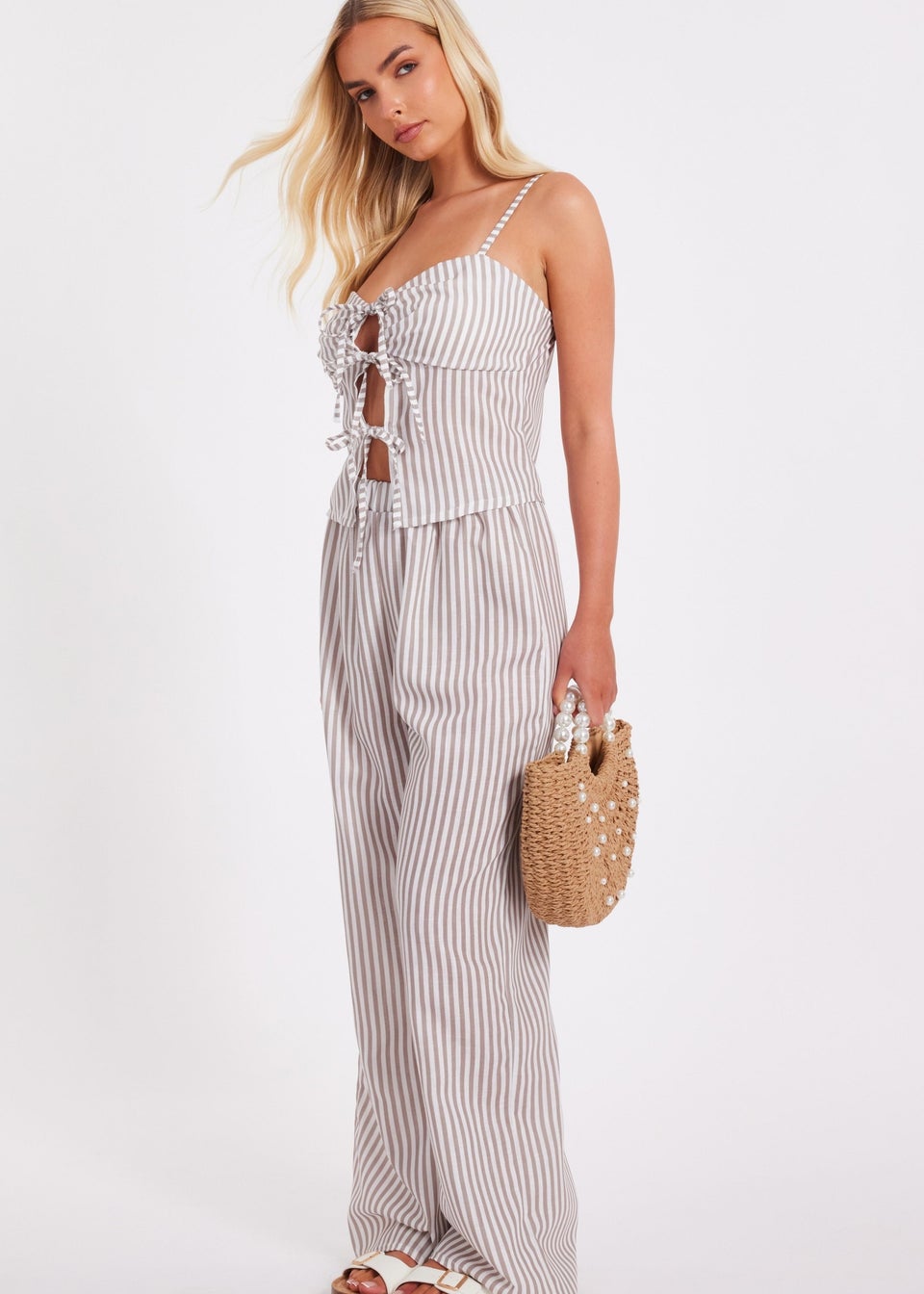 Quiz Stone Striped Wide Leg Trousers