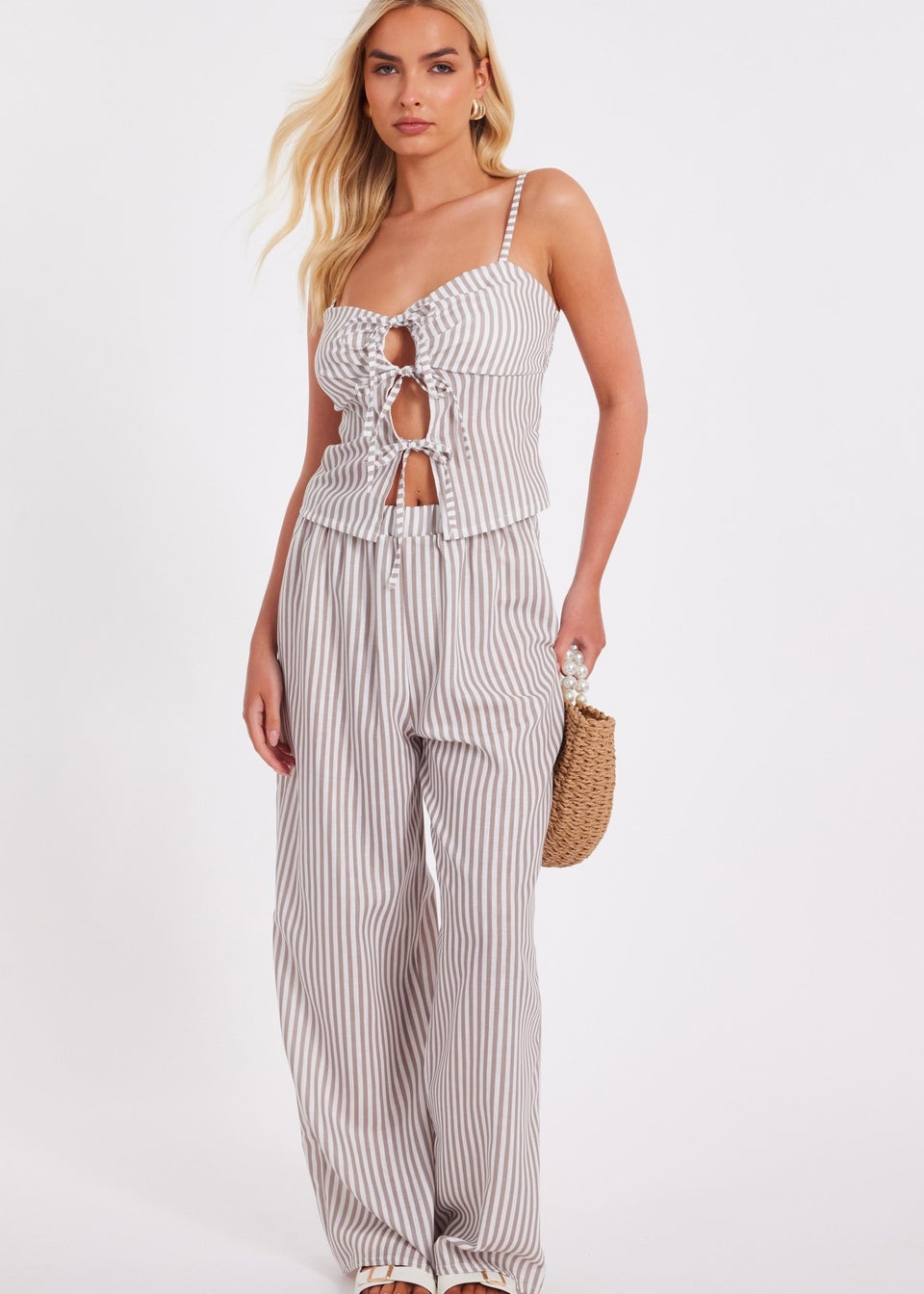 Quiz Stone Striped Wide Leg Trousers