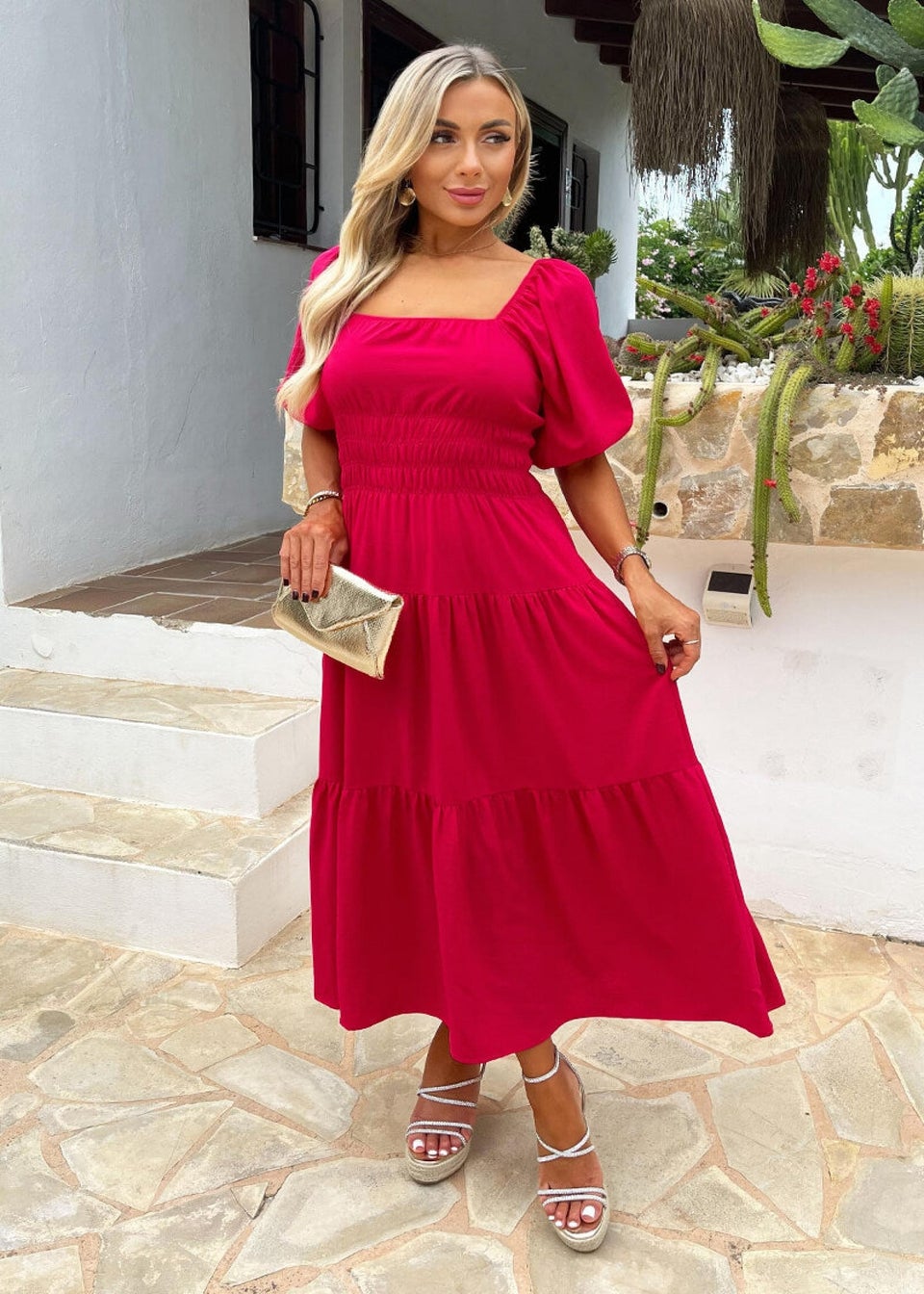 AX Paris Magenta Puff Sleeve Shirred Waist Smock Midi Dress