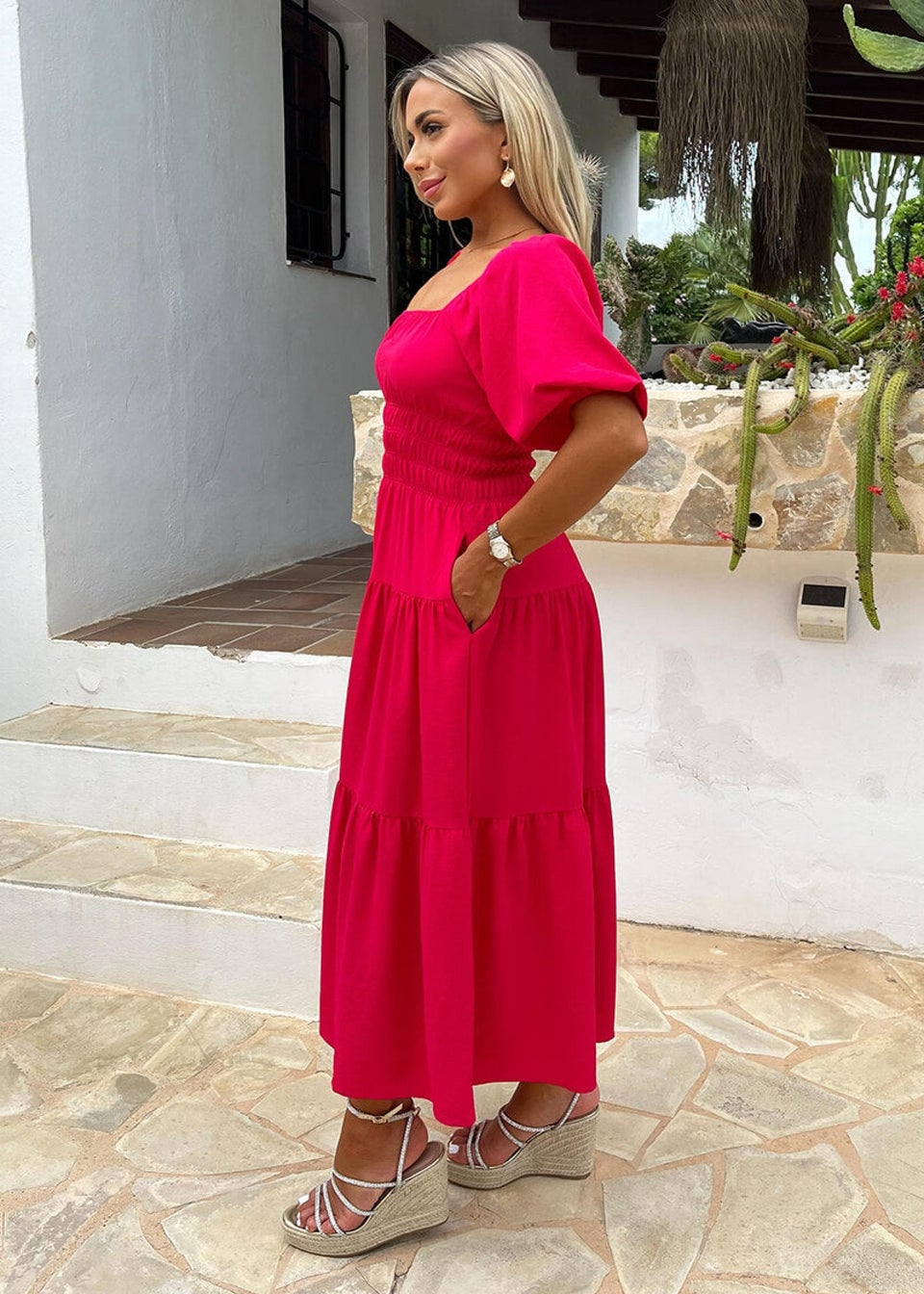 AX Paris Magenta Puff Sleeve Shirred Waist Smock Midi Dress