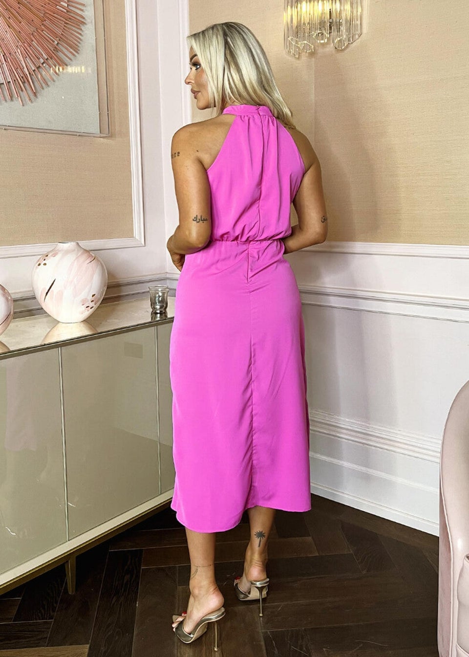 AX Paris Pink Halter Neck Dipped Hem Midi Dress
