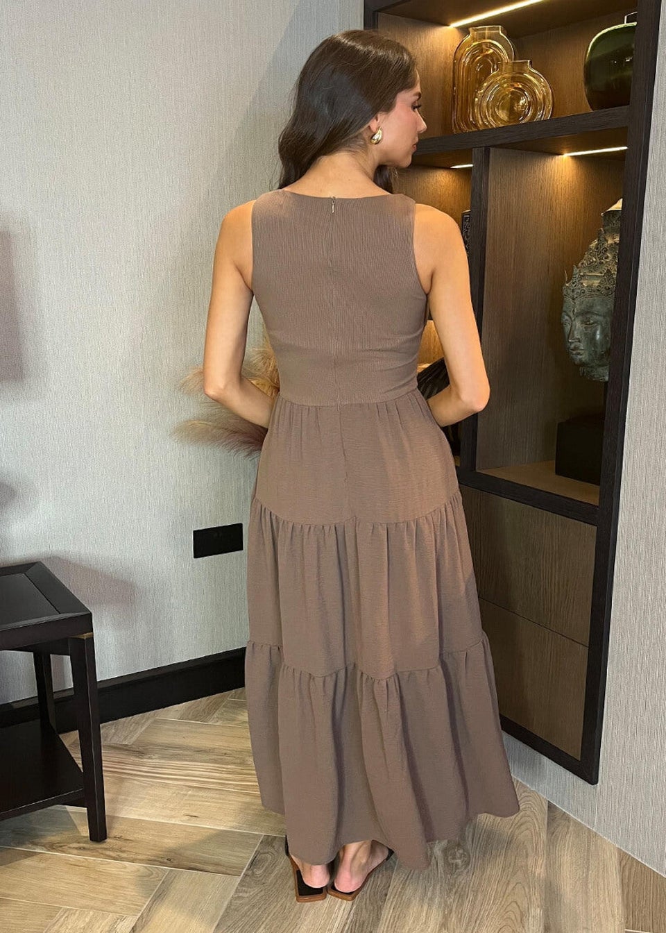 AX Paris Mocha Round Neck Ribbed Top Tiered Skirt Midi Dress