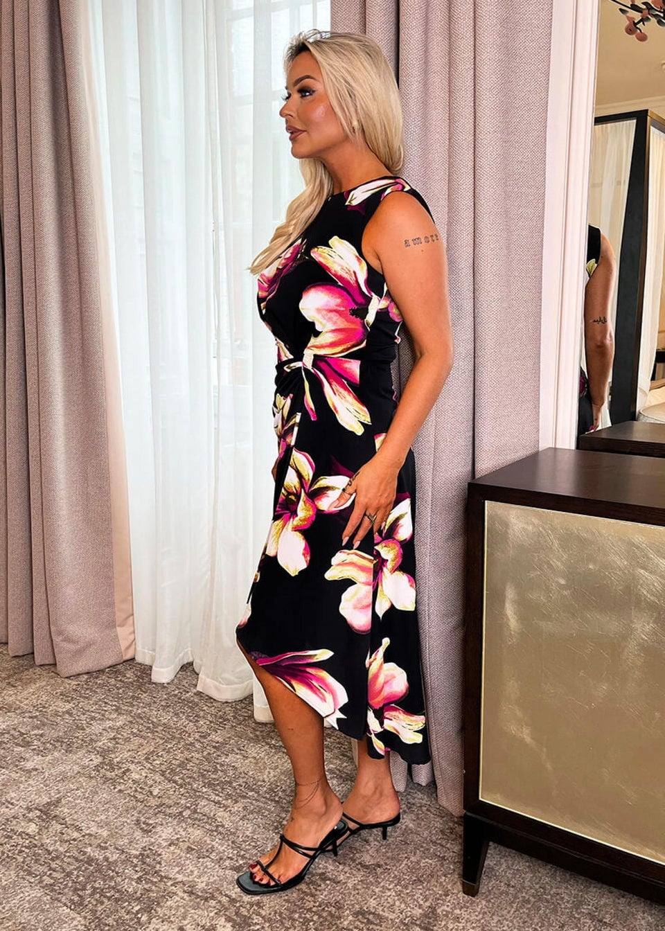 AX Paris Black Floral Print Gathered Midi Dress With Shoulder Pads